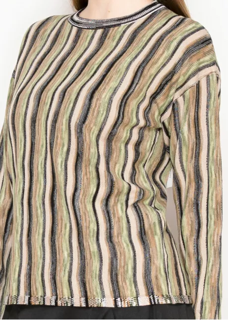 Multi-Stripe Olive Crewneck Knit Sweater