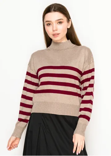 Stripe Mock Neck Sweater—Oatmeal & Burgundy