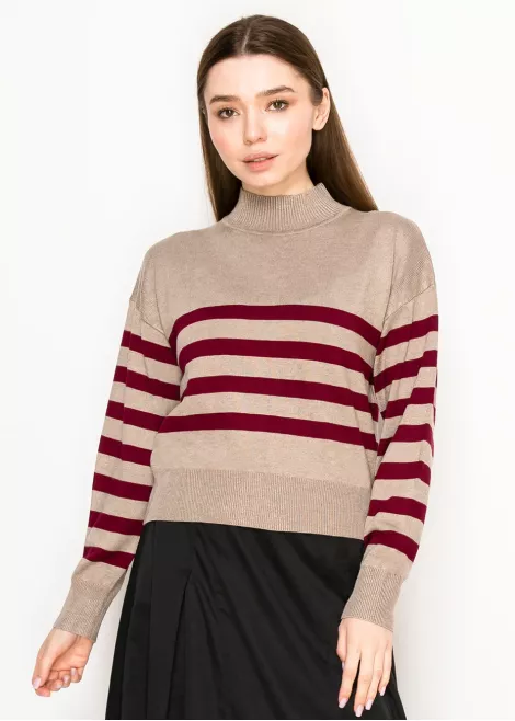 Stripe Mock Neck Sweater—Oatmeal & Burgundy Stripe Mock Neck Sweater—Oatmeal & Burgundy