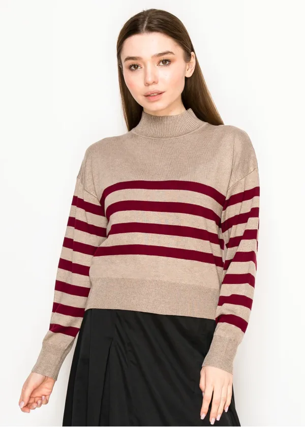 Stripe Mock Neck Sweater—Oatmeal & Burgundy