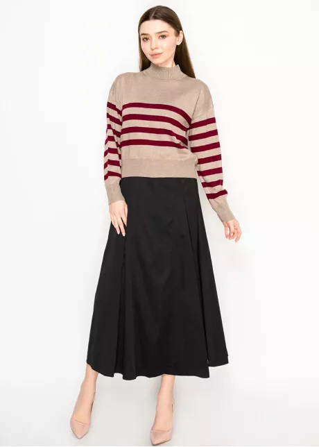 Stripe Mock Neck Sweater—Oatmeal & Burgundy