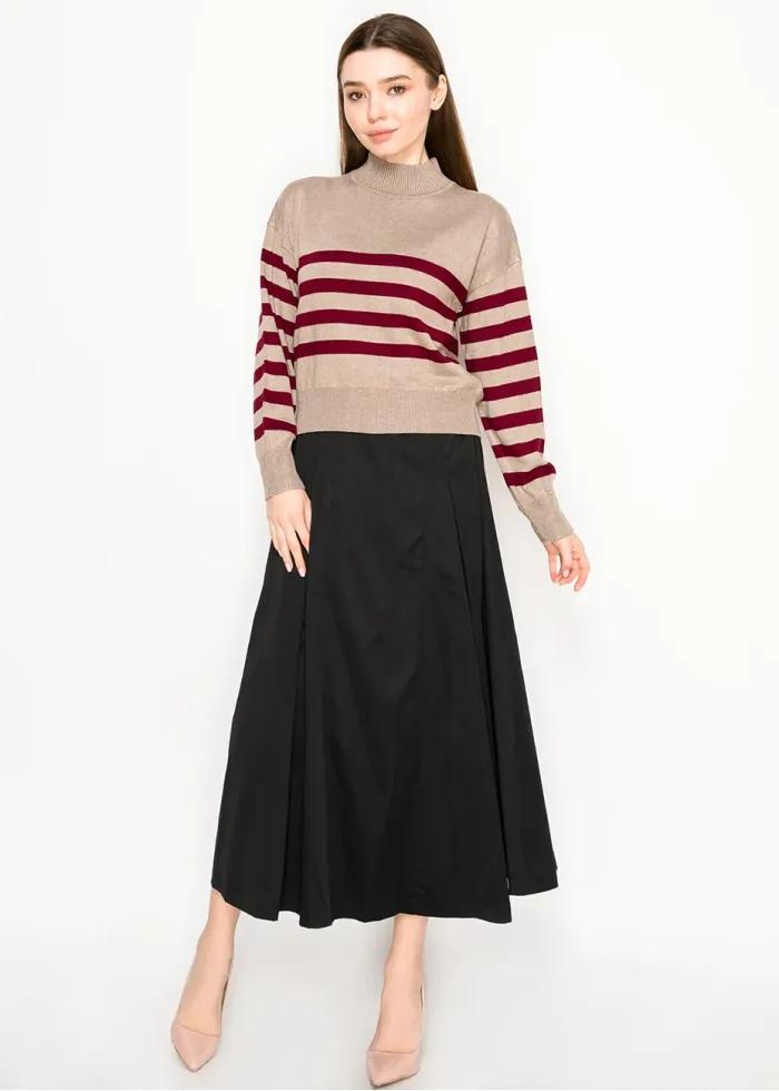 Stripe Mock Neck Sweater—Oatmeal & Burgundy
