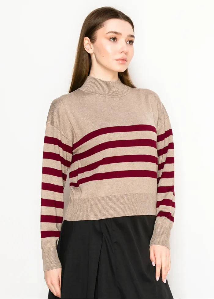Stripe Mock Neck Sweater—Oatmeal & Burgundy