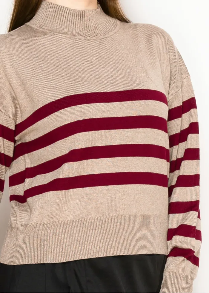 Stripe Mock Neck Sweater—Oatmeal & Burgundy