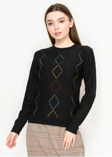 Diamond Stitch Knit Sweater in Black