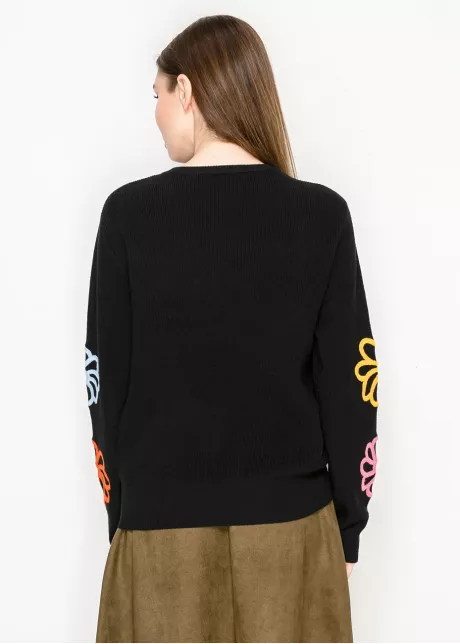 Black Knit Pullover with Multicolor Floral Design