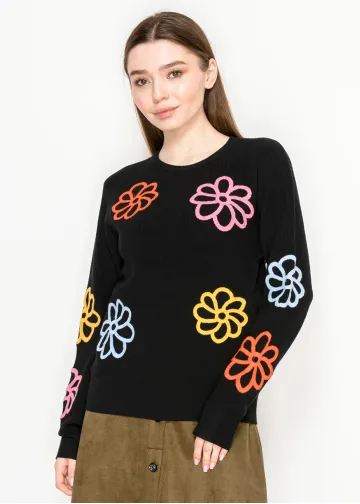 Black Knit Pullover with Multicolor Floral Design