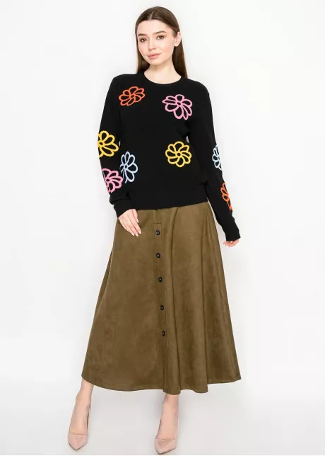 Black Knit Pullover with Multicolor Floral Design