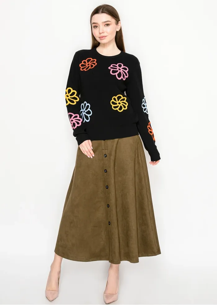Black Knit Pullover with Multicolor Floral Design
