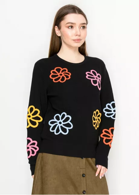 Black Knit Pullover with Multicolor Floral Design