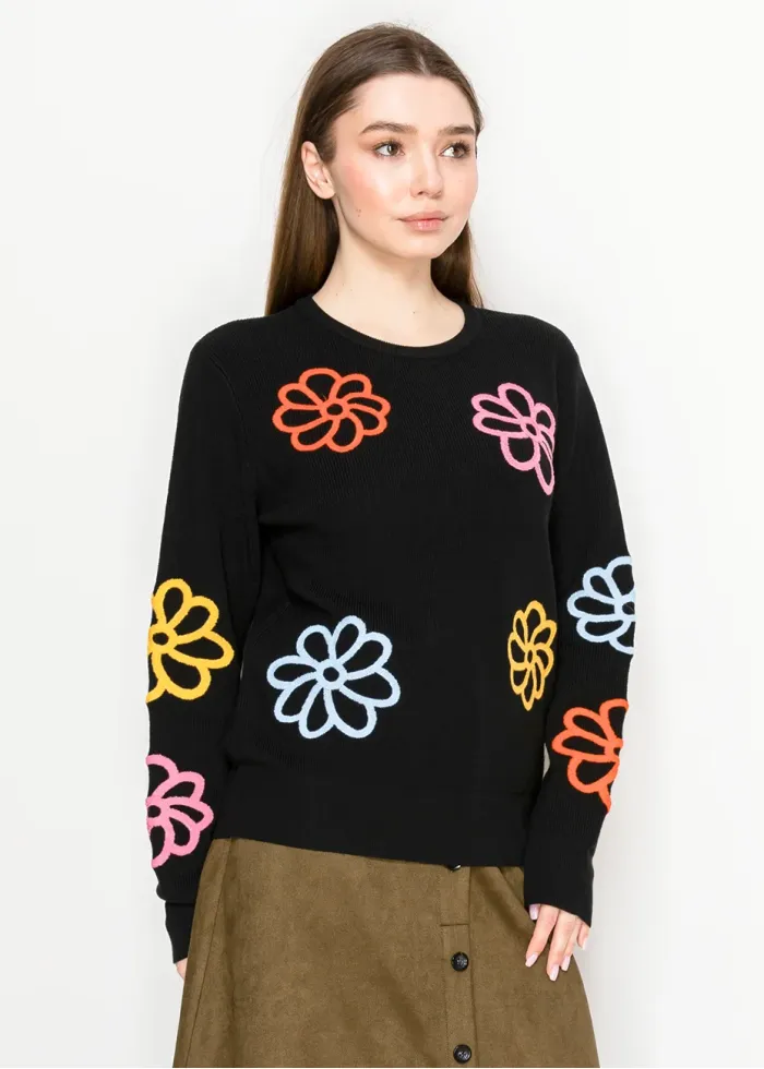 Black Knit Pullover with Multicolor Floral Design
