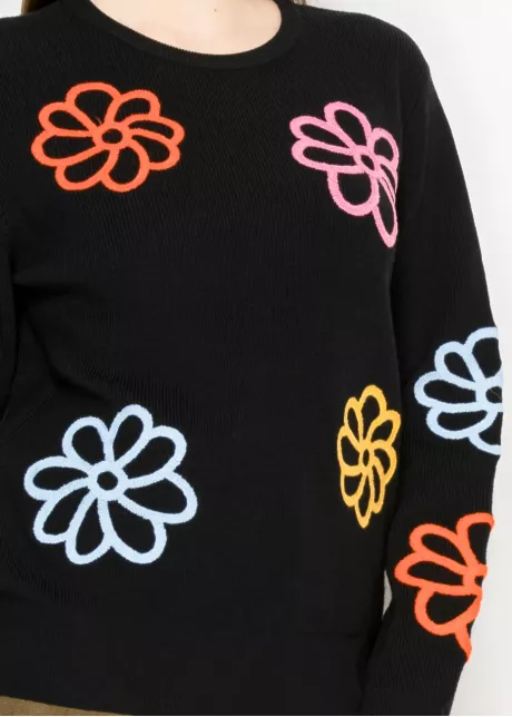 Black Knit Pullover with Multicolor Floral Design