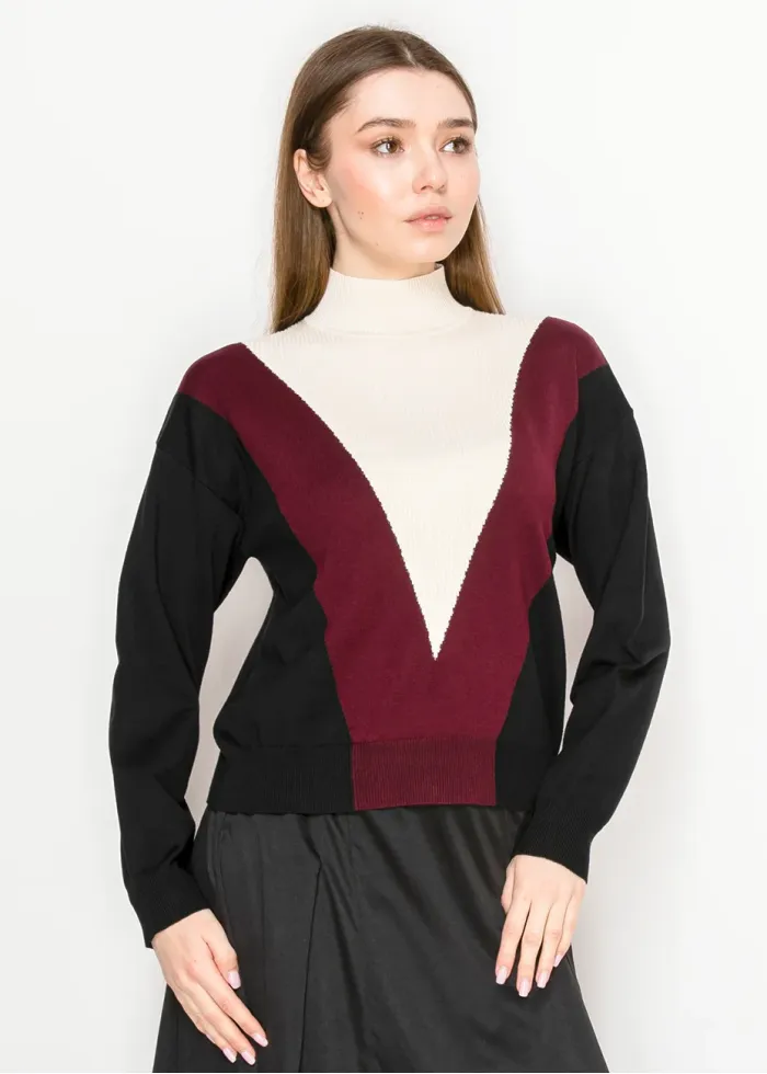 Colorblock V-Panel Turtleneck Sweater
