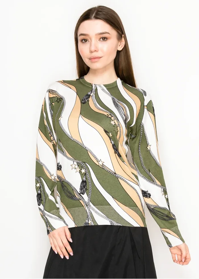 Abstract Olive Wave Sweater