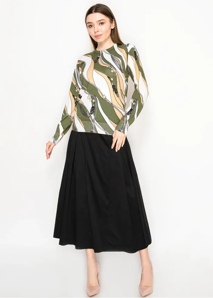 Abstract Olive Wave Sweater