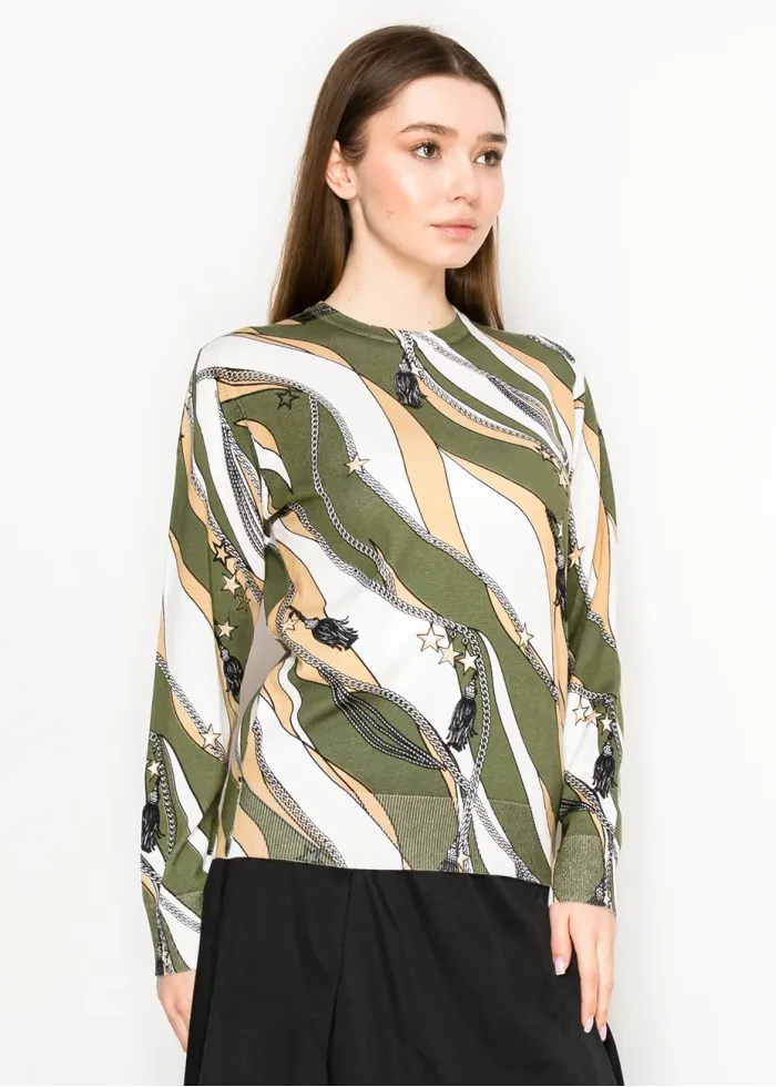 Abstract Olive Wave Sweater
