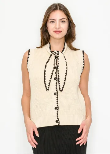 Contrast Trim Knit Vest in Cream & Black
