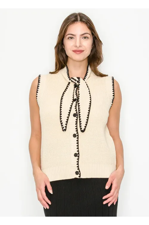 Contrast Trim Knit Vest in Cream & Black