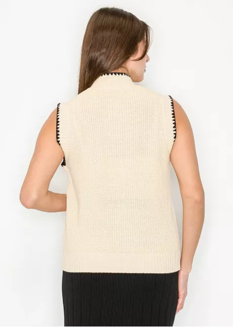Contrast Trim Knit Vest in Cream & Black