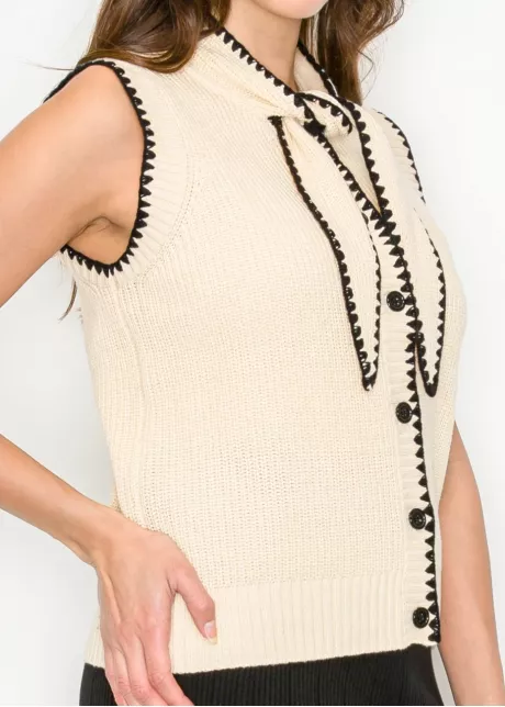 Contrast Trim Knit Vest in Cream & Black