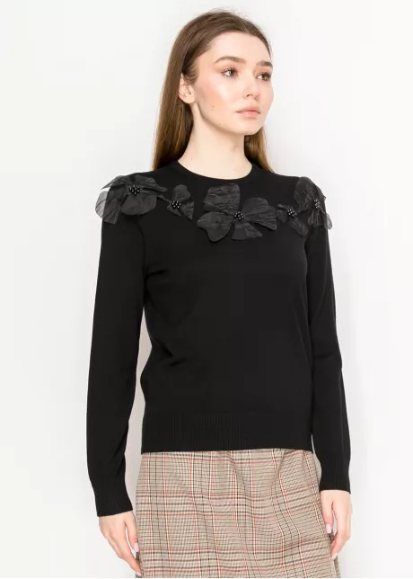 Black Sweater with Flower Embellishments