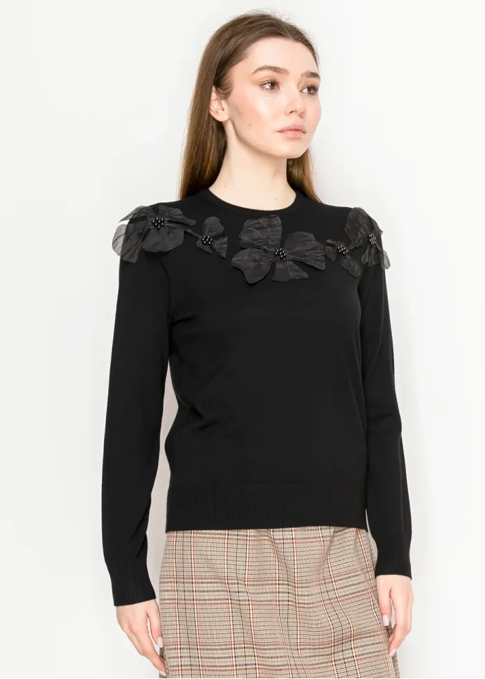 Black Sweater with Flower Embellishments