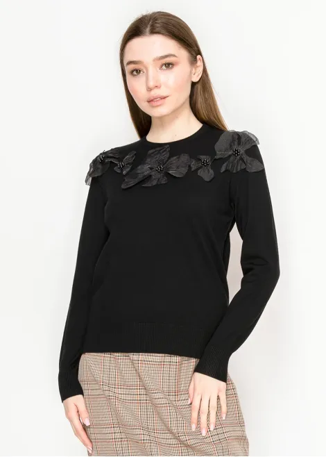 Black Sweater with Flower Embellishments