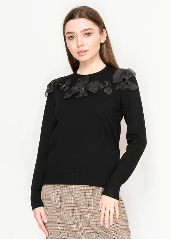 Black Sweater with Flower Embellishments