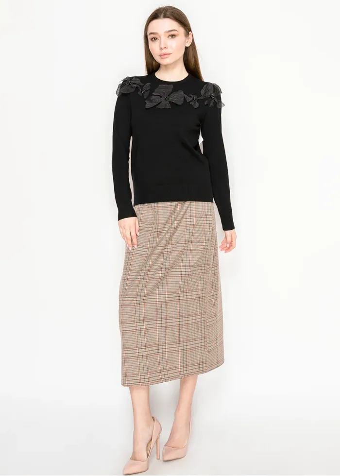 Black Sweater with Flower Embellishments