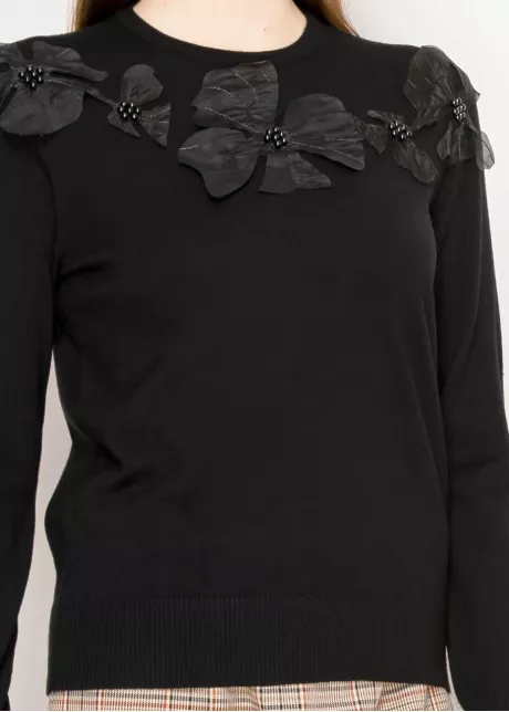 Black Sweater with Flower Embellishments