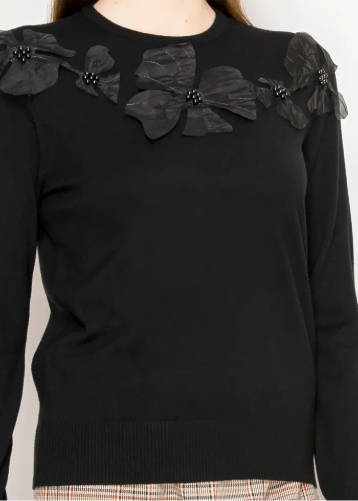 Black Sweater with Flower Embellishments
