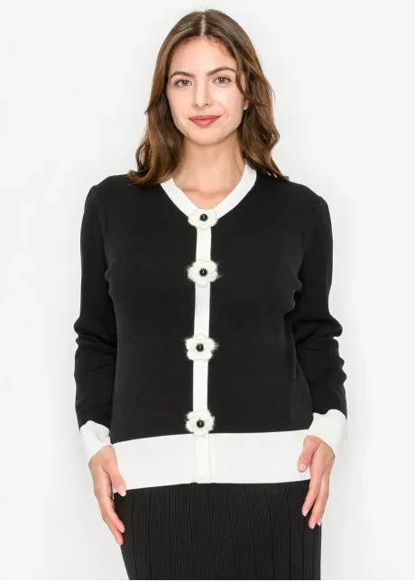 Two-Tone Knit Sweater with Floral Accents