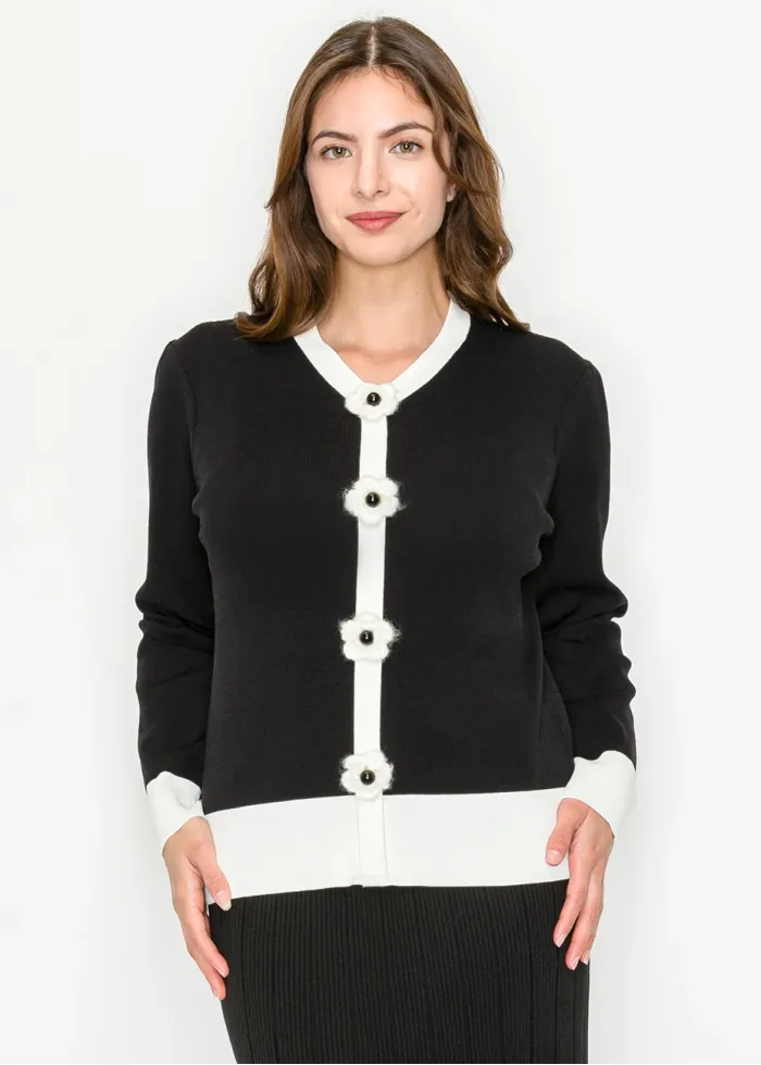 Two-Tone Knit Sweater with Floral Accents