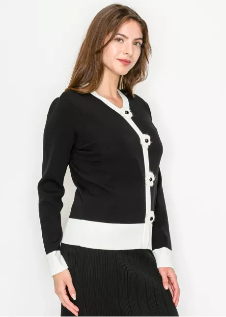 Two-Tone Knit Sweater with Floral Accents