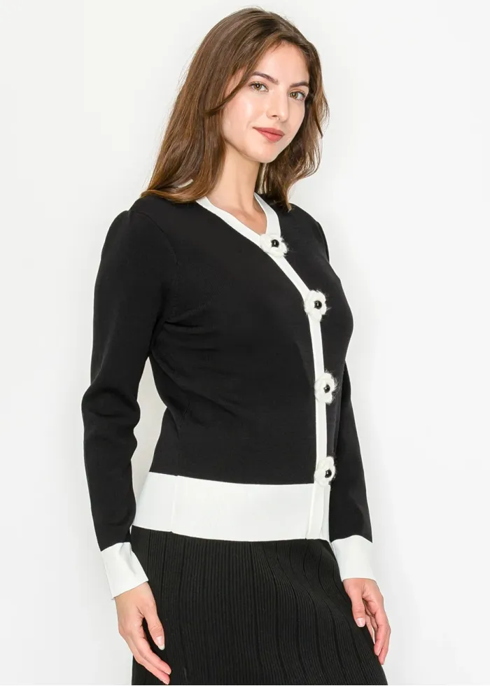 Two-Tone Knit Sweater with Floral Accents