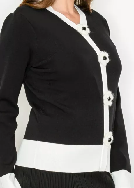 Two-Tone Knit Sweater with Floral Accents