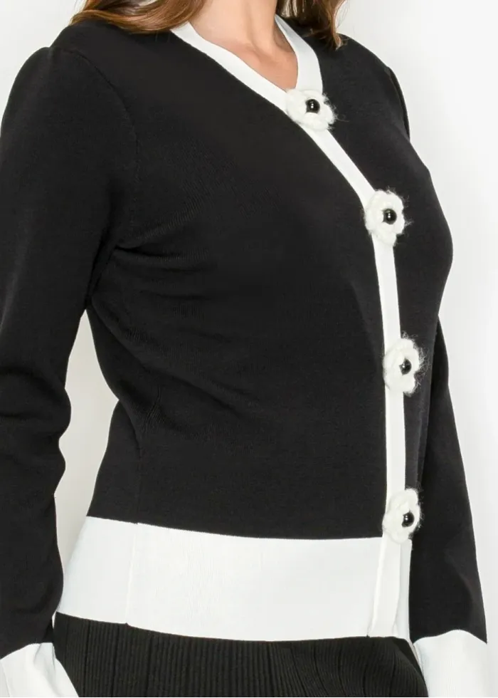 Two-Tone Knit Sweater with Floral Accents