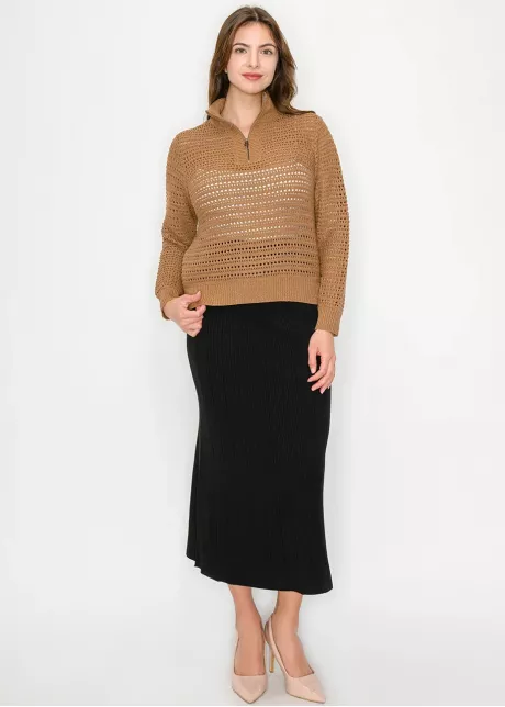 Camel Open-Knit Half-Zip Sweater