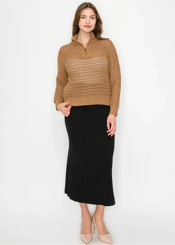 Camel Open-Knit Half-Zip Sweater