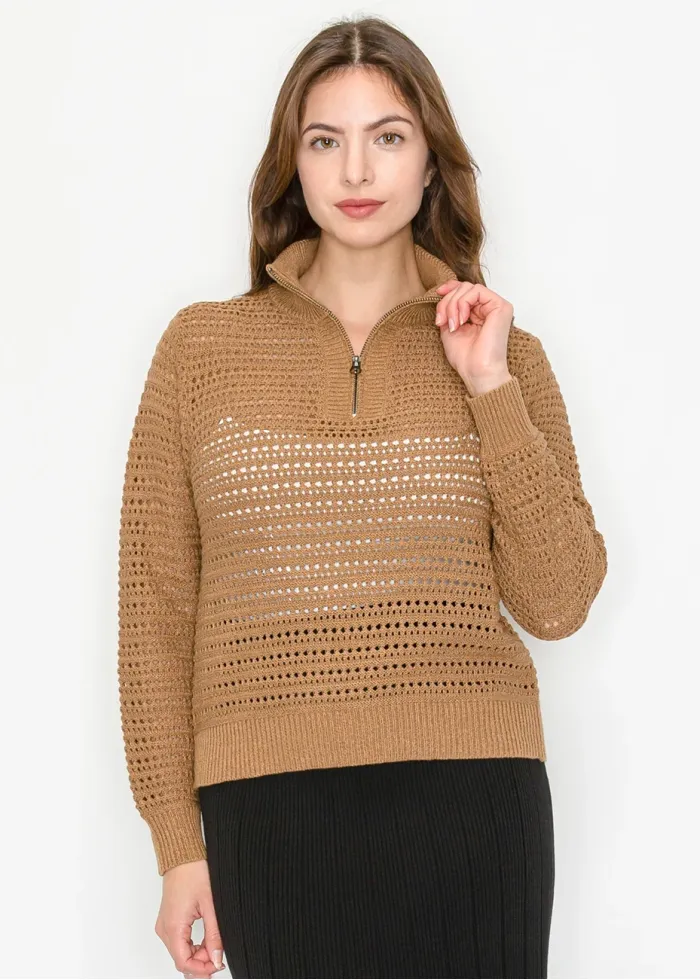 Camel Open-Knit Half-Zip Sweater