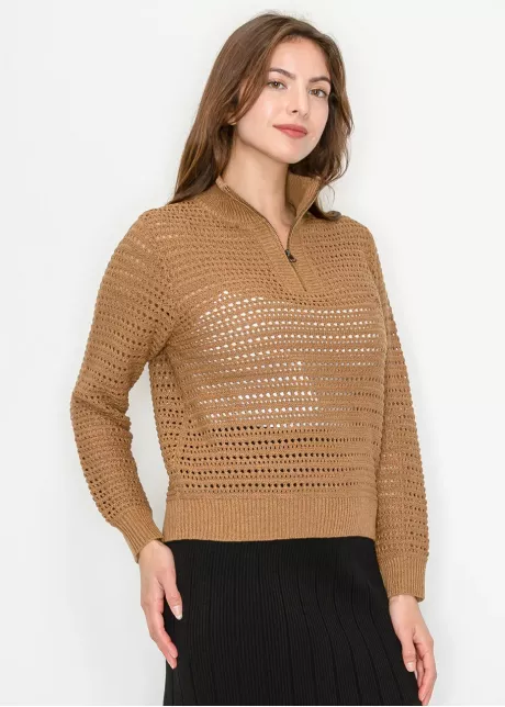 Camel Open-Knit Half-Zip Sweater