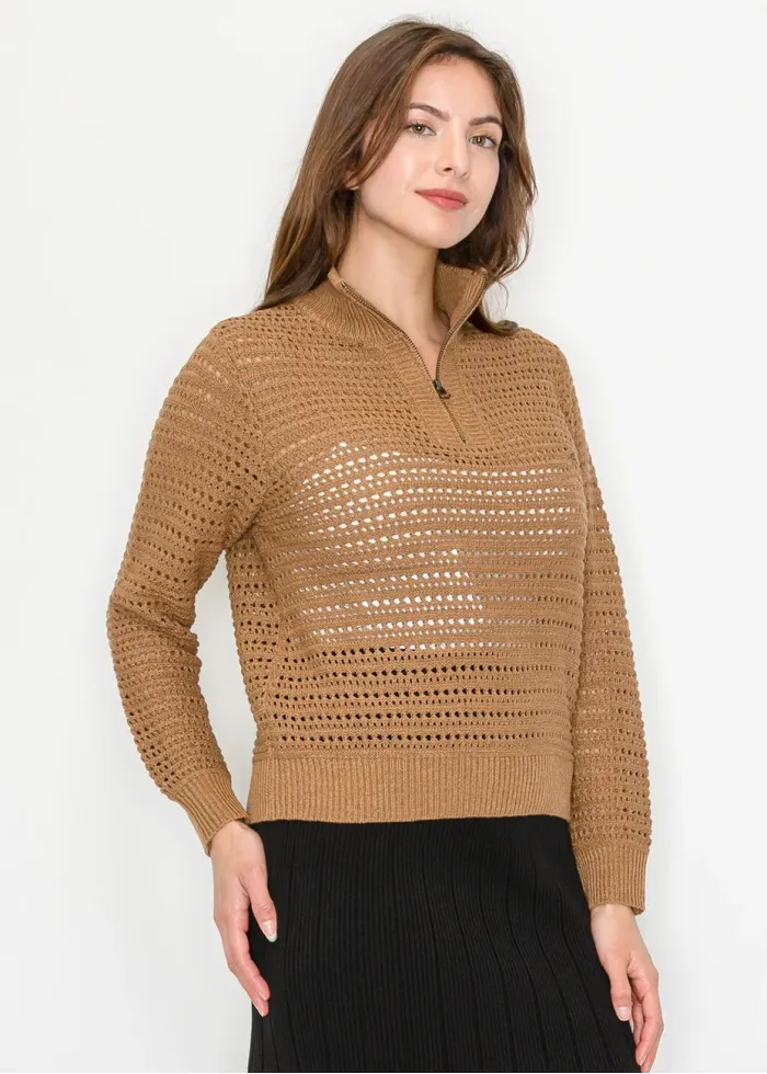 Camel Open-Knit Half-Zip Sweater