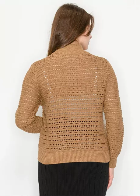 Camel Open-Knit Half-Zip Sweater