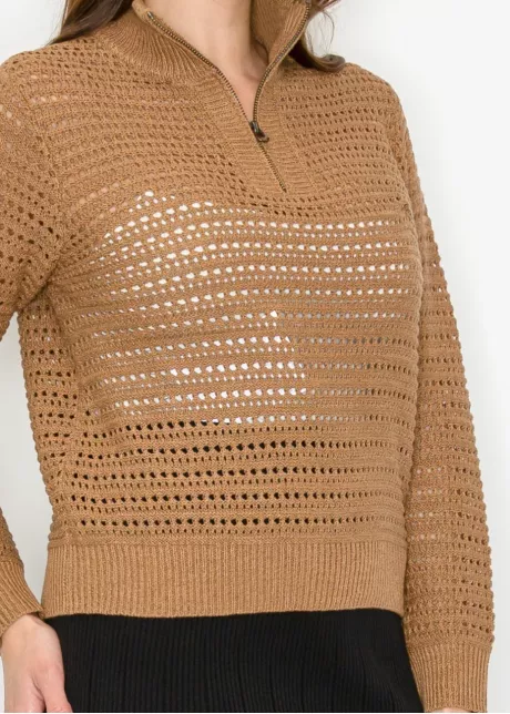 Camel Open-Knit Half-Zip Sweater