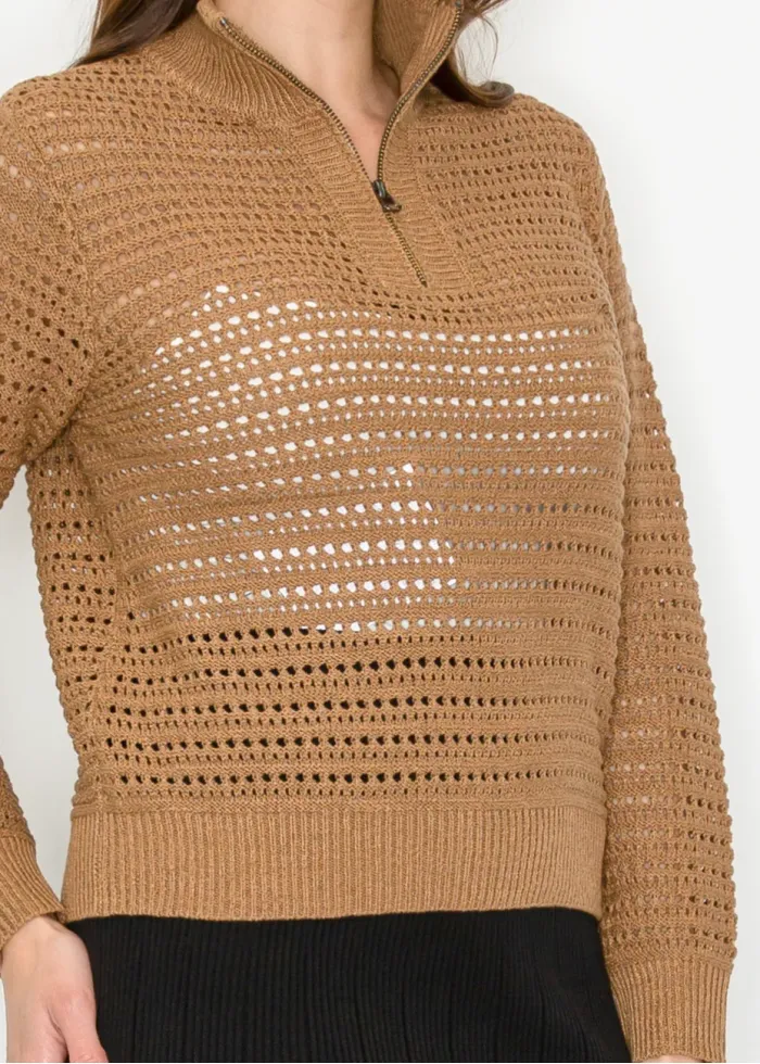 Camel Open-Knit Half-Zip Sweater
