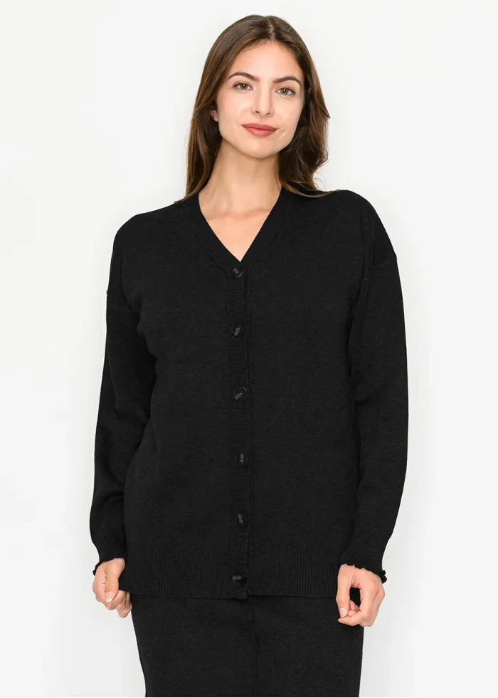 Black V-Neck Button-Front Knit Cardigan