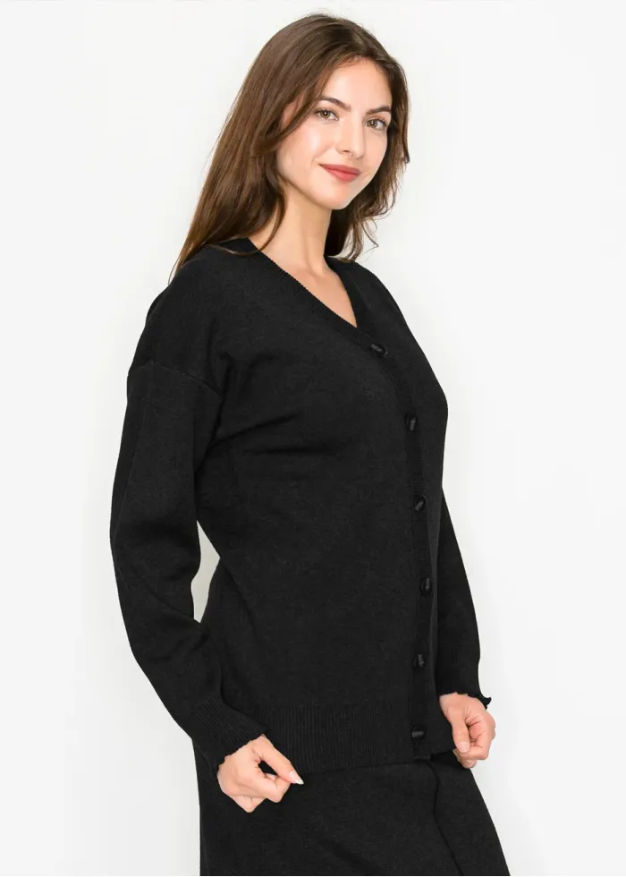 Black V-Neck Button-Front Knit Cardigan