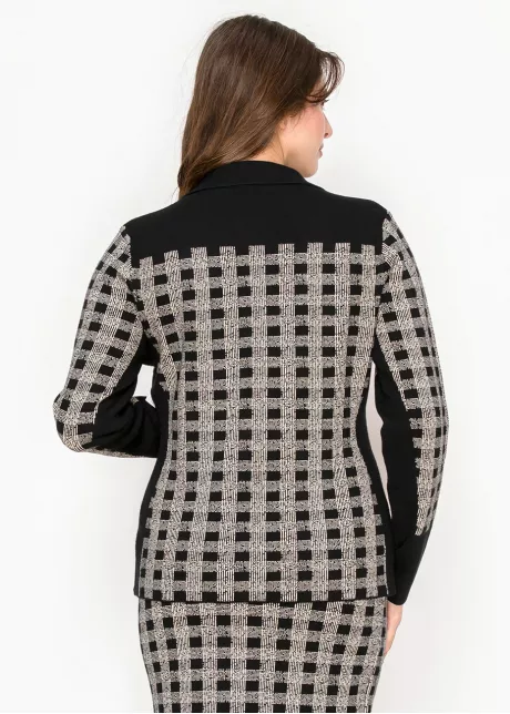 Checked Knit Button-Front Cardigan in Black