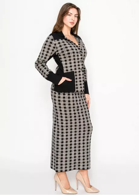 Checked Knit Button-Front Cardigan in Black