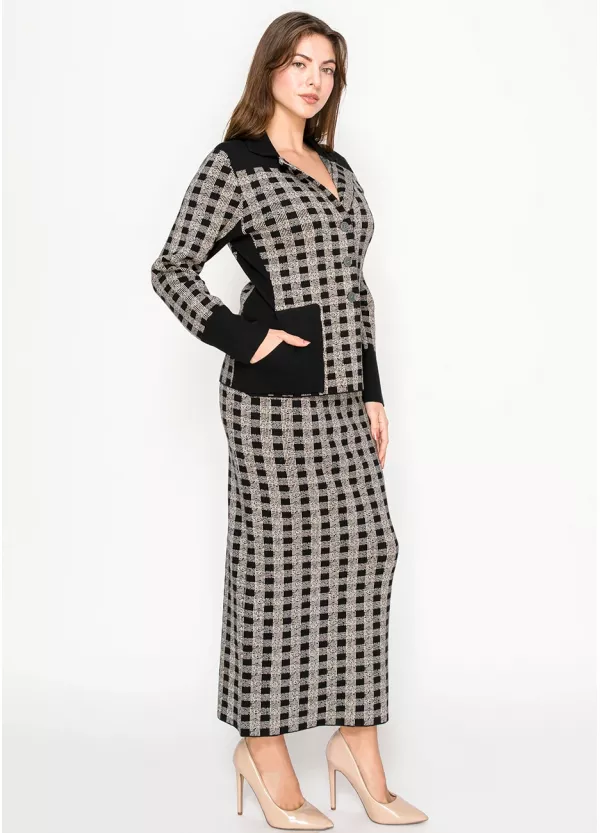 Graphic Plaid Knit Jacket & Skirt Set